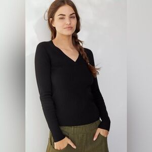 Anthropologie Maeve Thea Black V-Neck Ribbed Long Sleeve Pullover‎ Knit Sweater